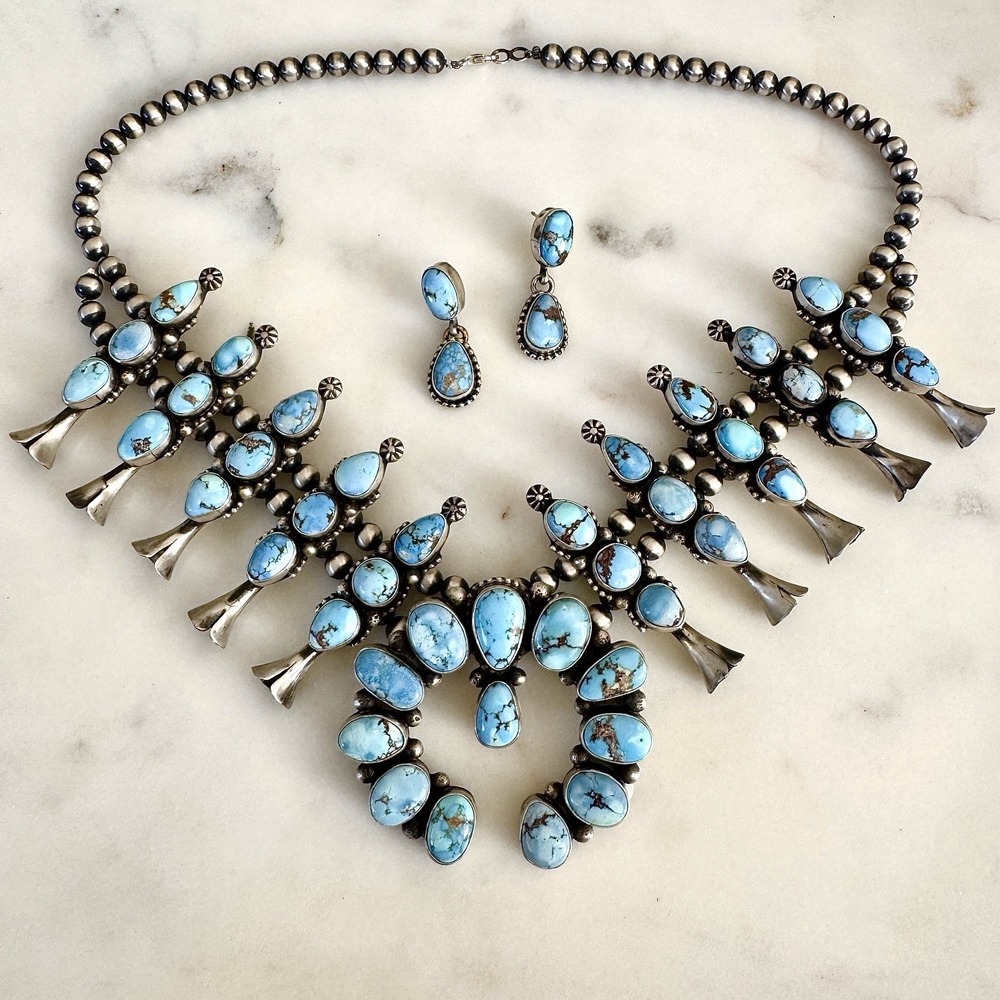 Navajo Squash Blossom Necklace Golden Hills Turquoise Signed Skeets Sterling - Picture 2 of 15